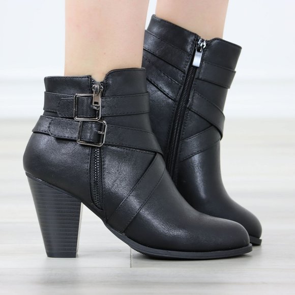 Black Ankle Boots High Heeled Booties Pointed Toe Chunky Cone Heel - Picture 2 of 12